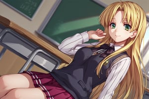 score_9, score_8_up, score_7_up, source_anime,asiaargento, ,asia argento, long hair, blonde hair, green eyes, parted bangs, ahoge, smile,skirt, shirt, long sleeves, ribbon, school uniform, pleated skirt, vest, red skirt, sweater vest,indoors, classroom, sitting, desk, chair,looking at viewer, dutch angle, cowboy shot,