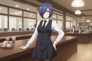 , slimes_touka, woman, black skirt, hair over one eye, smile, cafe background,1girl, solo, short hair, blue eyes, skirt, shirt, blue hair,  white shirt, pantyhose, necktie, collared shirt, indoors, hair over one eye, vest, black pantyhose, black necktie, black vest,  kirishima touka