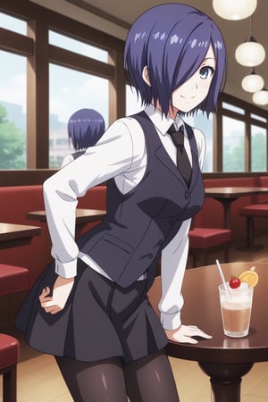 , slimes_touka, woman, black skirt, hair over one eye, smile, cafe background,1girl, solo, short hair, blue eyes, skirt, shirt, blue hair,  white shirt, pantyhose, necktie, collared shirt, indoors, hair over one eye, vest, black pantyhose, black necktie, black vest,  kirishima touka