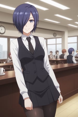 , slimes_touka, woman, black skirt, hair over one eye, smile, cafe background,1girl, solo, short hair, blue eyes, skirt, shirt, blue hair,  white shirt, pantyhose, necktie, collared shirt, indoors, hair over one eye, vest, black pantyhose, black necktie, black vest,  kirishima touka