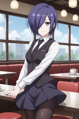 , slimes_touka, woman, black skirt, hair over one eye, smile, cafe background,1girl, solo, short hair, blue eyes, skirt, shirt, blue hair,  white shirt, pantyhose, necktie, collared shirt, indoors, hair over one eye, vest, black pantyhose, black necktie, black vest,  kirishima touka