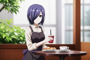 , slimes_touka, woman, solo, black skirt, hair over one eye, smile, cafe background