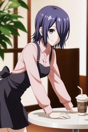 , slimes_touka, woman, solo, black skirt, hair over one eye, smile, cafe background