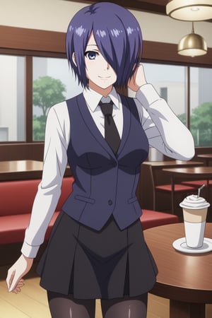 , slimes_touka, woman, black skirt, hair over one eye, smile, cafe background,1girl, solo, short hair, blue eyes, skirt, shirt, blue hair,  white shirt, pantyhose, necktie, collared shirt, indoors, hair over one eye, vest, black pantyhose, black necktie, black vest,  kirishima touka