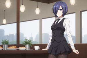 , slimes_touka, woman, black skirt, hair over one eye, smile, cafe background,1girl, solo, short hair, blue eyes, skirt, shirt, blue hair,  white shirt, pantyhose, necktie, collared shirt, indoors, hair over one eye, vest, black pantyhose, black necktie, black vest,  kirishima touka