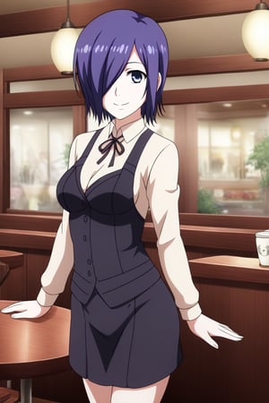 , slimes_touka, woman, solo, black skirt, hair over one eye, smile, cafe background