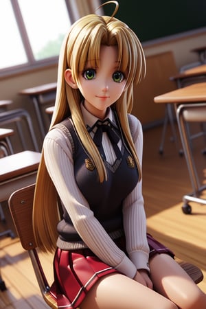 score_9, score_8_up, score_7_up, source_anime,asiaargento, ,asia argento, long hair, blonde hair, green eyes, parted bangs, ahoge, smile,skirt, shirt, long sleeves, ribbon, school uniform, pleated skirt, vest, red skirt, sweater vest,indoors, classroom, sitting, desk, chair,looking at viewer, dutch angle, cowboy shot,