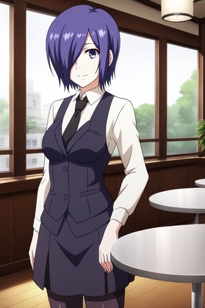 , slimes_touka, woman, black skirt, hair over one eye, smile, cafe background,1girl, solo, short hair, blue eyes, skirt, shirt, blue hair,  white shirt, pantyhose, necktie, collared shirt, indoors, hair over one eye, vest, black pantyhose, black necktie, black vest,  kirishima touka