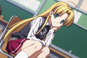 score_9, score_8_up, score_7_up, source_anime,asiaargento, ,asia argento, long hair, blonde hair, green eyes, parted bangs, ahoge, smile,skirt, shirt, long sleeves, ribbon, school uniform, pleated skirt, vest, red skirt, sweater vest,indoors, classroom, sitting, desk, chair,looking at viewer, dutch angle, cowboy shot,