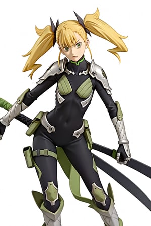 , score_9, score_8_up, score_7_up, score_6_up, score_5_up, score_4_up, source_anime, masterpiece , anime screencap, absurdres, 

, 


KikoruShinomiya, 1girl, blonde hair, twintails, green eyes
black bodysuit, shoulder armor, gauntlets, boots
mask around neck


, naked, nude, 

,(( white background, blank background,)),
