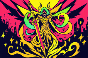 
horror anime art style,
Golden Blight Demon: A blight demon with shimmering golden armor and tendrils of dark energy emanating from its twisted form. Fight Scenario: The Golden Blight Demon faces off against a legendary warrior wielding a holy sword, the clash of light and darkness echoing through a cursed battleground as the fate of the realm hangs in the balance.

subtle vibtrant colors, subtle lsd colors, pyschadellic colors,

,scary