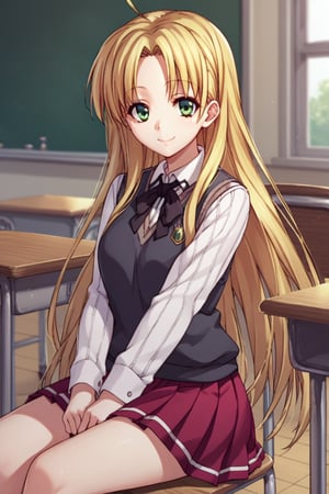 score_9, score_8_up, score_7_up, source_anime,asiaargento, ,asia argento, long hair, blonde hair, green eyes, parted bangs, ahoge, smile,skirt, shirt, long sleeves, ribbon, school uniform, pleated skirt, vest, red skirt, sweater vest,indoors, classroom, sitting, desk, chair,looking at viewer, dutch angle, cowboy shot,