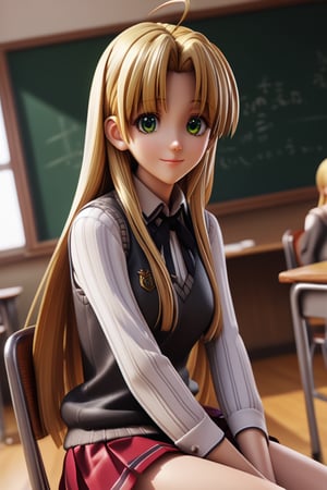 score_9, score_8_up, score_7_up, source_anime,asiaargento, ,asia argento, long hair, blonde hair, green eyes, parted bangs, ahoge, smile,skirt, shirt, long sleeves, ribbon, school uniform, pleated skirt, vest, red skirt, sweater vest,indoors, classroom, sitting, desk, chair,looking at viewer, dutch angle, cowboy shot,