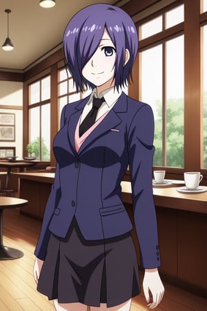 , slimes_touka, woman, solo, black skirt, hair over one eye, smile, cafe background