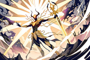 anime art style,
Golden Blight Demon: A blight demon with shimmering golden armor and tendrils of dark energy emanating from its twisted form. Fight Scenario: The Golden Blight Demon faces off against a legendary warrior wielding a holy sword, the clash of light and darkness echoing through a cursed battleground as the fate of the realm hangs in the balance.

subtle vibtrant colors, pyschadellic colors

,scary