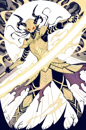 
horror anime art style,
Golden Blight Demon: A blight demon with shimmering golden armor and tendrils of dark energy emanating from its twisted form. Fight Scenario: The Golden Blight Demon faces off against a legendary warrior wielding a holy sword, the clash of light and darkness echoing through a cursed battleground as the fate of the realm hangs in the balance.

subtle vibtrant colors, subtle lsd colors, pyschadellic colors,

,scary