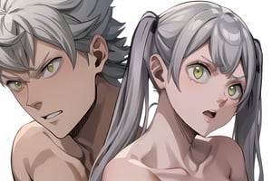 , 
White background:1.5, 

1female, 1male, 2people, male and female having sex, sex, 

, noelle silva, purple eyes, bangs, long hair, twintails, white hair, naked 
,noelle silva, 1female,

,asta, 1male , grey spiky hair,green eyes, naked, nude

,