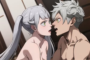 , 
White background:1.5, 

1female, 1male, 2people, male and female having sex, sex, 

, noelle silva, purple eyes, bangs, long hair, twintails, white hair, naked 
,noelle silva, 1female,

,asta, 1male , grey spiky hair,green eyes, naked, nude

,