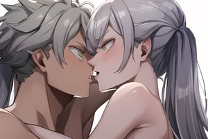 , 
White background:1.5, 

1female, 1male, 2people, male and female having sex, sex, 

, noelle silva, purple eyes, bangs, long hair, twintails, white hair, naked 
,noelle silva, 1female,

,asta, 1male , grey spiky hair,green eyes, naked, nude

, passionate kissing 