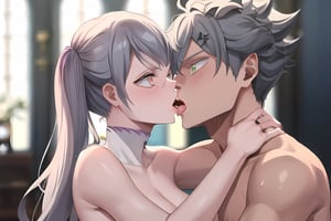 , 
White background:1.5, 

1female, 1male, 2people, male and female having sex, sex, 

, noelle silva, purple eyes, bangs, long hair, twintails, white hair, naked 
,noelle silva, 1female,

,asta, 1male , grey spiky hair,green eyes, naked, nude

, passionate kissing 