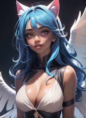 Realism, (masterpiece, best quality, ultra-detailed, highres, best illustration),perfect face, ((solo, solo focus)),sidelighting, shiny lustrous dark skin,Young girl, security service
(bloom), (shine), ray tracing,solo,solo,animal ears, solo,  red eyes , looking at viewer, Dreadlocks, blue hair, wings, lips,cat ears,depth_of_field,very detailed background, large moon, large breasts, extreme light and shadow,(detailed eyes), (beautiful) beautiful detailed eyes, perfect lighting , perfect anatomy,(extremely detailed illustrated 8k wallpaper),(masterpiece), (best quality), (ultra-detailed), (best illustration),(best shadow) , vivid colors, open blouse, hard nipples, absolute_cleavage