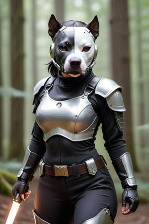 Cute black small pit bull female  terrier mix, with black hair small head, and black body, white streak of hair from under her head to the abdomen, half side of face metallic mask, big cute perfect brown eyes, wearing mechanical uniform white trim, holding light glowing sabers, standing in heroic pose, forest in background.