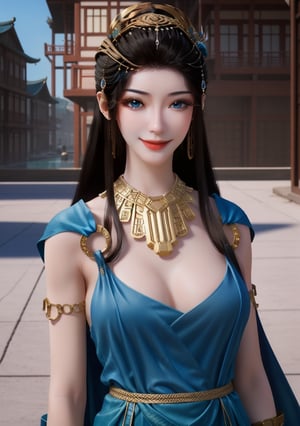 yuanyao,1girl , (masterpiece:1.5), (best quality:1.5), long black hair,blue eyes,light smile,Neck ring,gradient background,(huge breasts),, hard nipples, open dress, cleavage,  white background,  Gold jewelry, blue_dress, closed_mouth, bangle, looking_at_viewer, upper_body, necklace, earrings   