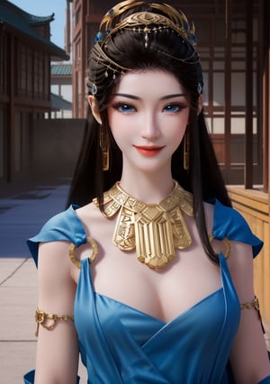 yuanyao,1girl , (masterpiece:1.5), (best quality:1.5), long black hair,blue eyes,light smile,Neck ring,gradient background,(huge breasts),, hard nipples, open dress, cleavage,  white background,  Gold jewelry, blue_dress, closed_mouth, bangle, looking_at_viewer, upper_body, necklace, earrings , dark_skinned_female