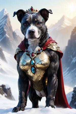 Cute black medium shaped pit bull female terrier mix, with black hair small head wearing a jeweled tiara, and black body, white streak of hair from under her head to the abdomen, big cute perfect brown eye, detailed background with a beautifully decorated mountain background, she is wearing a super female mecha  costume with swirling gold trimmed red cape, bright sunshine, with a bright halo  standing on top of snow capped mountain. Snow flakes falling. ,Energy light particle mecha