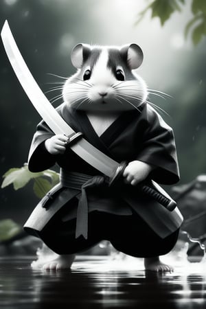 Detailed realistic features of a Black and white battle weary thick muscled Ninja Hamster wearing traditional shinobi garments, holding Japanese sword, detailed dragon hilt. With both paws, arms across the body, looking right side to attack or defend, ninja is blended with the trees and vines in the surrounding area, blurry, dreary  background, raining heavily, hero stance, standing in deep water 