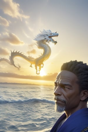 Elder black man looking at the sun setting on the horizon. Photorealistic. Large swirling flying gold dragon in the background. 