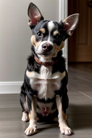 Cute black with a white stripe underneath neck, small female pit bull chihuahua mixed breed, big cute brown perfect eyes, detailed background with toys around the entire body of the dog standing on hind legs, paws, spotlight above the dog