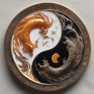 “Embrace the oneness formed by the duality of yin and yang. Flying dragons circling around the circumference of the yin and yang symbol. A decorative plate with border. These interdependent opposites intertwine in a constant flow between nature and human life” . amber made . realistic . art piece . art gallery . beautiful soft light