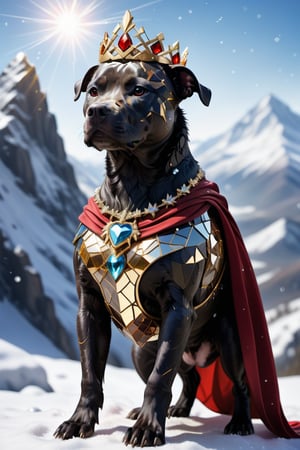 Cute black medium shaped pit bull female terrier mix, with black hair small head wearing a jeweled tiara, and black body, white streak of hair from under her head to the abdomen, big cute perfect brown eye, detailed background with a beautifully decorated mountain background, she is wearing a super female mecha  costume with swirling gold trimmed red cape, bright sunshine, with a bright halo  standing on top of snow capped mountain. Snow flakes falling. ,Energy light particle mecha,shards,glass,brocken glass,transparent glass,pieces of glass,Made_of_pieces_broken_glass