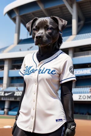 Cute black small pit bull female  terrier mix, with black hair small head, and black body, white streak of hair from under her head to the abdomen, big cute perfect blue eyes, wearing a Baseball uniform shirt, detailed background with a beautifully decorated background, baseball stadium, bright sunshine, baseballs, baseball gloves and baseball bats spread ar the entire body of the dog,marine_stadium