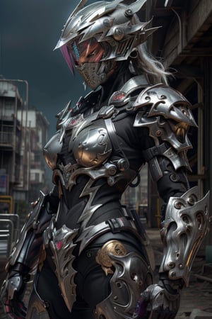 Solo woman, intricate detailed armored helmet, half face helmet, angry face female, large breasts plate, futuristic, technologic, panel, half face mask, combat technology, tech filigrane, gold, aluminium, purple metalized, studio photography,  8k,super_detailed, ultra_high_resolution, Best quality, masterpiece,  dynamic lighting, depth of field, deep shadow, RAW photo, best quality, Full moon, vamptech, full landscape, full moon, lightning in background