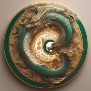 Amber-toned light softly illuminates an exquisite art piece within the walls of a sophisticated art gallery. A decorative plate with an emerald green border frames the harmonious union of yin and yang symbols, as flying dragons in mid-air encircle the circular representation. The beauty lies in the intricate balance between nature's serenity and human life's complexity, as if the interdependent opposites are perpetually flowing into one another.