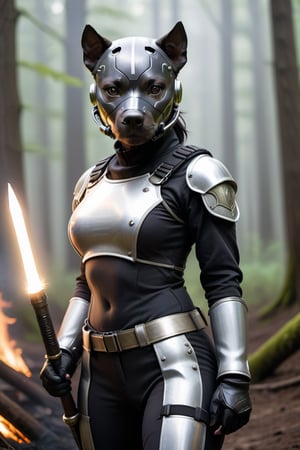 Cute black small pit bull female  terrier mix, with black hair small head, and black body, white streak of hair on her head, under her neck to the abdomen, half side of face metallic mask, big cute perfect brown eyes, wearing mechanical uniform white trim, holding light glowing sabers, standing in combat ready heroic pose, forest burning in the background.