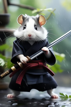 Detailed realistic features of a Black and white Ninja Hamster wearing traditional shinobi garments, holding Japanese sword, detailed dragon hilt. Hamster with sword holding to attack, ninjas blended with the trees and vines in the surrounding area, blurry, dreary  background, raining heavily, hero stance 