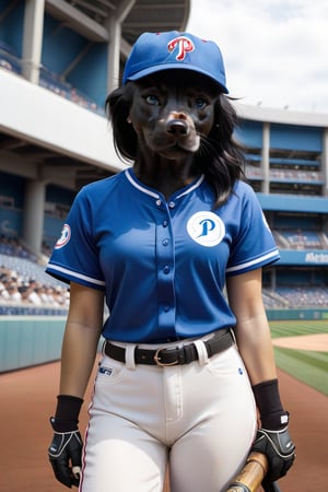 Cute black small pit bull female terrier mix, with black hair small head, and black body, white streak of hair from under her head to the abdomen, big cute perfect blue eyes, wearing a Baseball uniform shirt with baseball cap, detailed background with a beautifully decorated background, baseball stadium, bright sunshine, baseballs, baseball gloves and baseball bats spread ar the entire body of the dog, Phillies_stadium