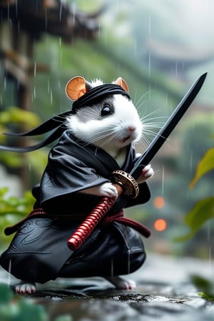 Detailed realistic features of a Black and white Ninja Hamster wearing traditional shinobi garments, holding Japanese sword, detailed dragon hilt. Hamster with sword holding to attack, ninjas blended with the trees and vines in the surrounding area, blurry, dreary  background, raining heavily, hero stance 