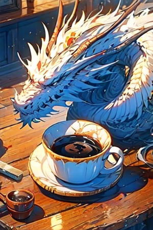 White glazed black coffee mug with a beautifully detailed dragon design, sitting on a dark round mahogany table. Centered Photorealistic photo, white dragon facing viewer 