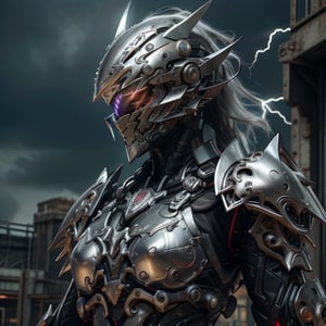 Solo woman, intricate detailed armored helmet, half face helmet, angry face female, large breasts plate, futuristic, technologic, panel,  half face mask, combat technology, tech filigrane, gold, aluminium, purple metalized, studio photography,  8k,super_detailed, ultra_high_resolution, Best quality, masterpiece,  dynamic lighting, depth of field, deep shadow, RAW photo, best quality, vamptech, full landscape, lightning in background
