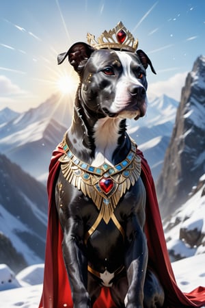 Cute black medium shaped pit bull female terrier mix, with black hair small head wearing a jeweled tiara, and black body, white streak of hair from under her head to the abdomen, big cute perfect brown eye, detailed background with a beautifully decorated mountain background, she is wearing a super female mecha  costume with swirling gold trimmed red cape, bright sunshine, with a bright halo  standing on top of snow capped mountain. Snow flakes falling. ,Energy light particle mecha,shards