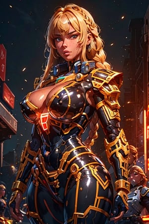 High Detailed beautiful mecha warrior dark_skinned_female glossy skin African mecha warrior with short braided hair, perfect beautiful shiny huge_breasts, sweaty, glossy, beautiful cleavage, mecha uniform looking at viewer, perfect hard_nipples, perfect eyes, perfect mouth, perfect hands, Photographic realism, dark street detailed battleground background, Streaming neon lights, led lights, multiple female detailed beautiful facial features, model soldiers in mecha armor 
 on a elevated building roof crowded, standing in dark background with  a giant Gundam in background, nighttime scene 