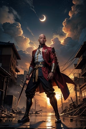 Portrait, perfect eyes, perfect mouth, African American man 30 plus man,  brown_skin, bald head, standing hero crane stance, one leg bent, one leg straight, standing tall,  perfect hands clinching sword, slim build  muscular, dark brown_skin, different color kung fu uniforms, trimmed in gold, black and red shiny preying mantis kung-fu jacket, white frog buttons front of jacket and sleeves, thick neck muscles, perfect arms showing definition perfect hands, perfect wrists both hands, fists both hands clinched holding two large swords,  muscular legs, right leg straight,  left leg straight, lightweight shoes, perfect eyes, perfect thick nose, perfect mouth, perfect muscular arms, electrical discharges around body, perfect relaxed look, electrical discharges through eyes, nighttime scene, explosions, destroyed buildings,  half_moon background,  cloud_scape,  looking_away from_viewer, full_body portrait 