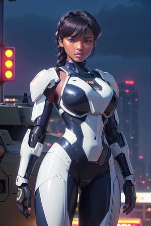 High Detailed beautiful mecha warrior dark_skinned_female warrior, glossy skin African mecha warrior with short braided hair,  perfect beautiful shiny armor, huge_breasts, sweaty, glossy,  beautiful cleavage,  detailed mecha uniform, looking at viewer,  perfect hard_nipples,  perfect eyes,  perfect mouth,  perfect hands,  Photographic realism,  dark street detailed battleground background,  Streaming neon lights, multiple lights,  multiple female mecha warriors, detailed beautiful facial features,  African-American female model soldiers in mecha armor on a elevated building roof crowded, standing in dark background with a giant Mecha robots in background,  night time scene