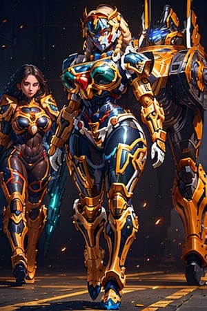 High Detailed beautiful mecha warrior dark_skinned_female glossy skin African mecha warrior with short braided hair, perfect beautiful shiny huge_breasts, sweaty, glossy, beautiful cleavage, mecha uniform looking at viewer, perfect hard_nipples, perfect eyes, perfect mouth, perfect hands, Photographic realism, dark street detailed battleground background, Streaming neon lights, led lights, multiple female model soldiers in mecha armor 
 on a elevated floor, crowded, standing in dark background with  a giant Gundam in background