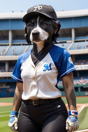 Cute black small pit bull female terrier mix, with black hair small head, and black body, white streak of hair from under her head to the abdomen, big cute perfect blue eyes, wearing a Baseball uniform shirt with baseball cap, detailed background with a beautifully decorated background, baseball stadium, bright sunshine, baseballs, baseball gloves and baseball bats spread ar the entire body of the dog, Phillies_stadium