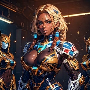 Detailed beautiful mecha warrior dark_skinned_female glossy skin African mecha warrior with short braided hair, perfect beautiful shiny huge_breasts, sweaty, glossy, beautiful cleavage, mecha uniform looking at viewer, perfect hard_nipples, perfect eyes, perfect mouth, perfect hands, Photographic realism, dark street detailed battleground background, Streaming neon lights, led lights, multiple female model soldiers in mecha armor 
 on a elevated floor, crowded, standing in dark background with  a giant Gundam in background,YAMATO